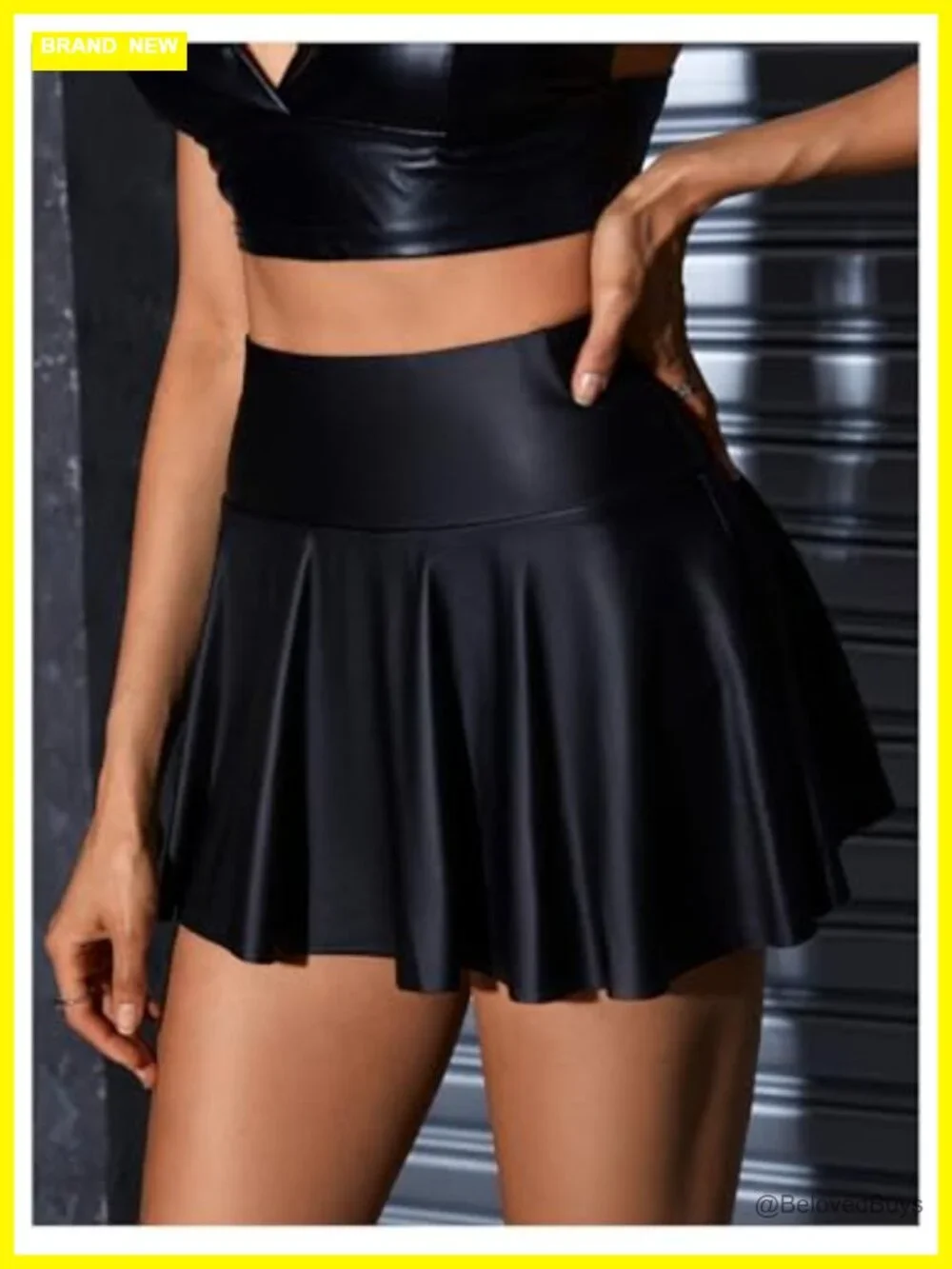 Women's Faux Leather Skort A-Line Ruffle Hem High Waist Elastic Pull-On